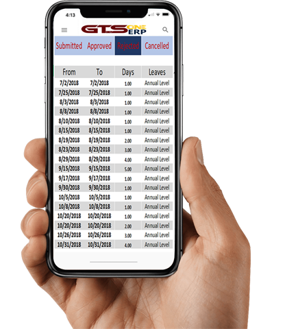GTS One ESS mobile app showing a list of leave requests